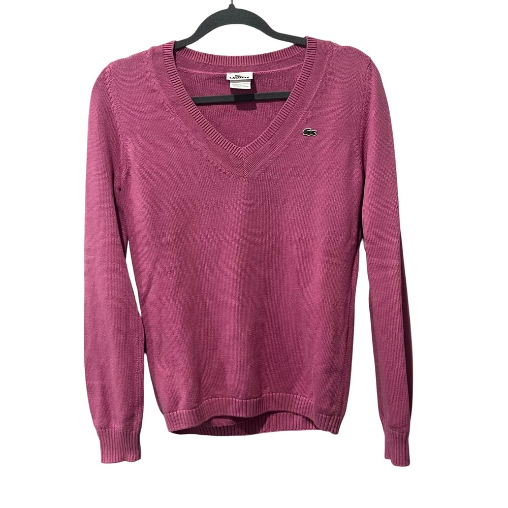 Lacoste V-Neck Sweater Womens 36 Small‎ Pink Cotton Knit Logo Pullover Preppy